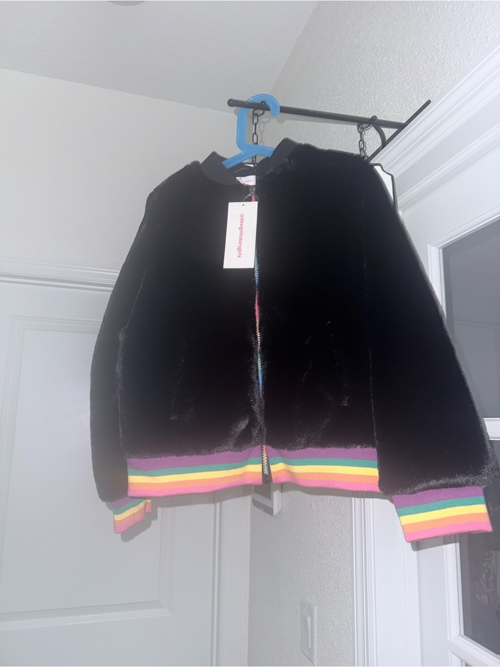 Design History Girls Black Faux Fur Kids Jacket with Rainbow Trim